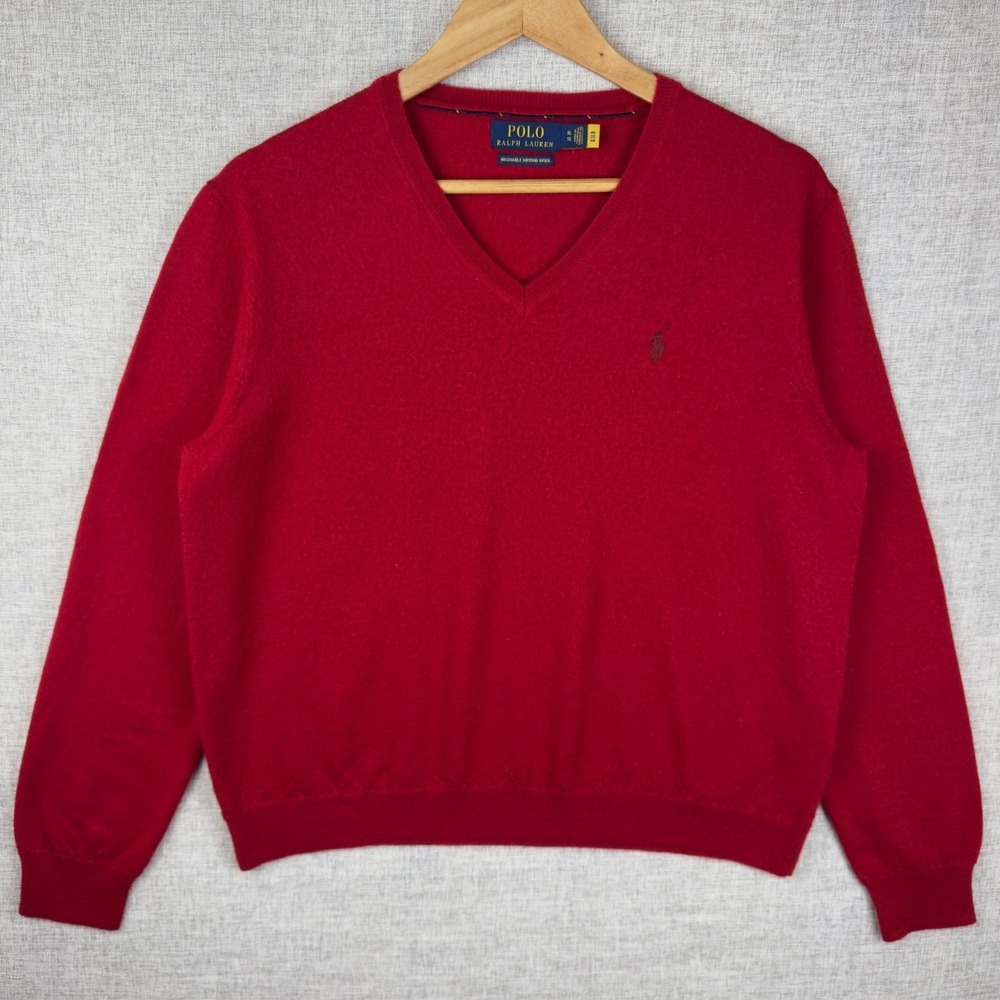 Polo Ralph Lauren V-Neck Sweater Men's XL‎ Washable Merino Wool Red Pony